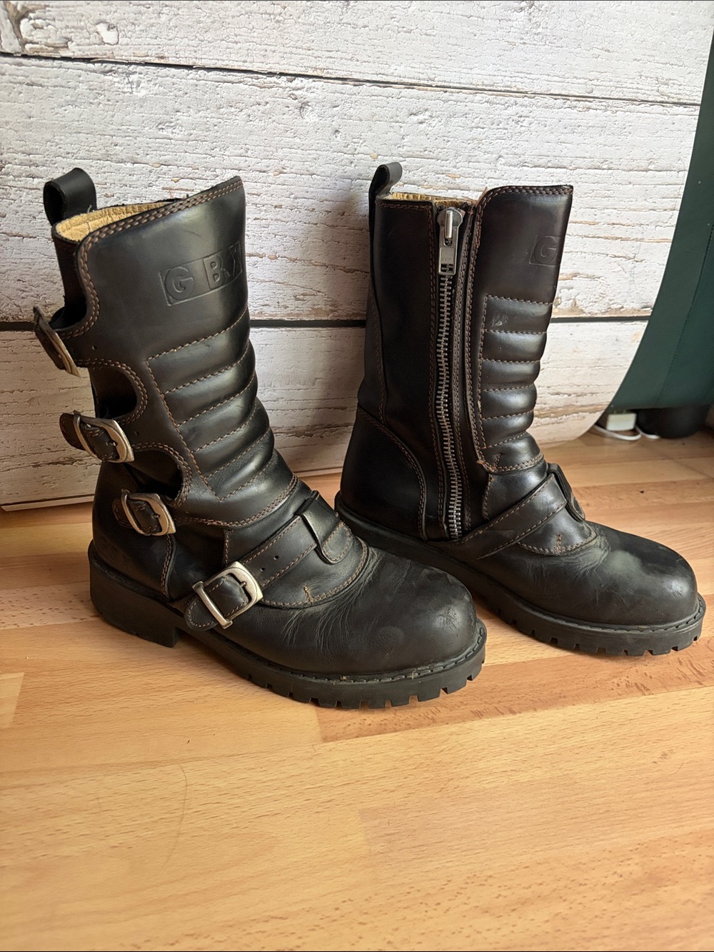 GBX Men's Black Leather Biker Boots with Buckle Straps and Side Zipper
